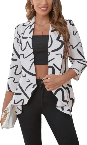WDIRARA Women's Allover Print Blazer Open Front Asymmetrical Hem Shawl Collar Work Office Jackets