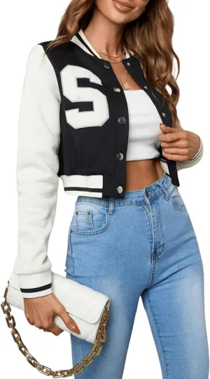 WDIRARA Women's Letter Print Crop Varsity Jackets Letterman Long Sleeve Bomber Jacket