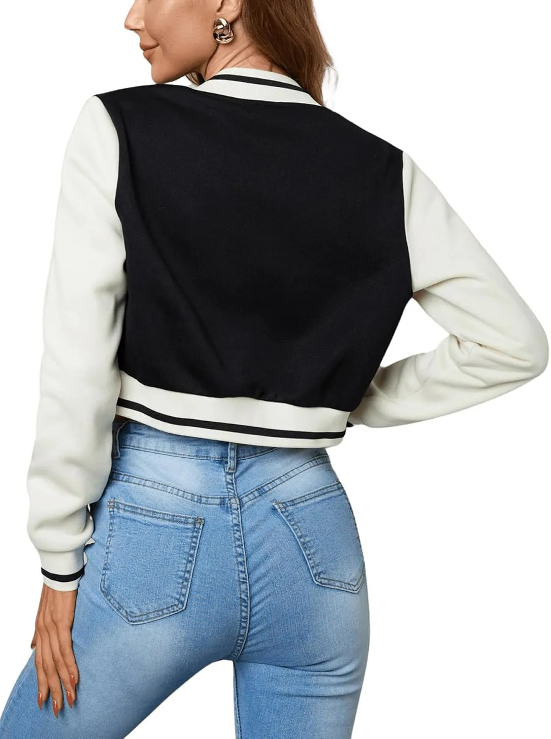 WDIRARA Women's Letter Print Crop Varsity Jackets Letterman Long Sleeve Bomber Jacket