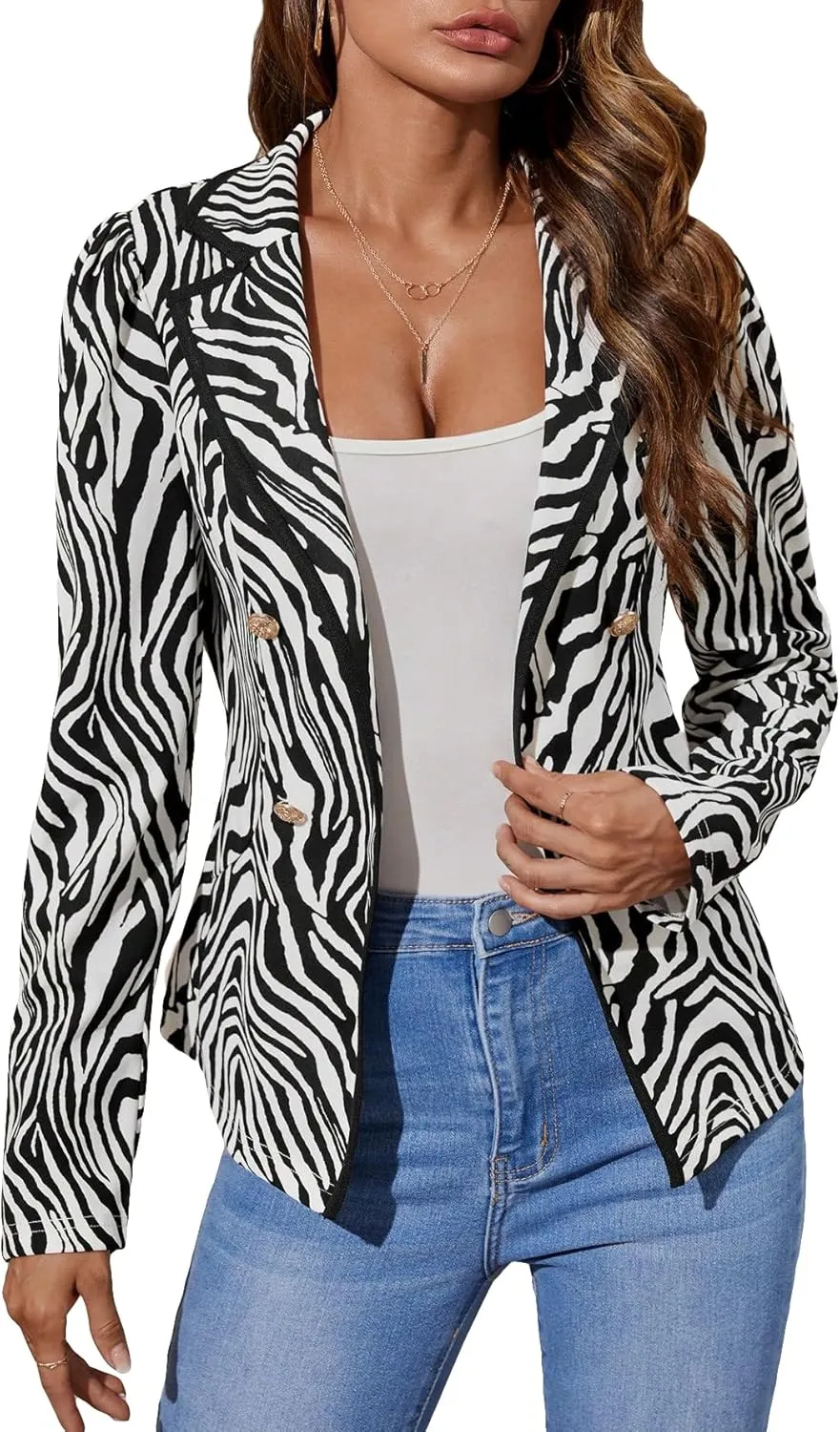 WDIRARA Women's Zebra All Over Printed Button Front Long Sleeve Work Blazer Jackets