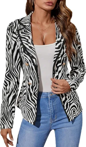 WDIRARA Women's Zebra All Over Printed Button Front Long Sleeve Work Blazer Jackets