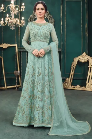 Wedding Party Turquoise Blue Net Designer Anarkali Suit