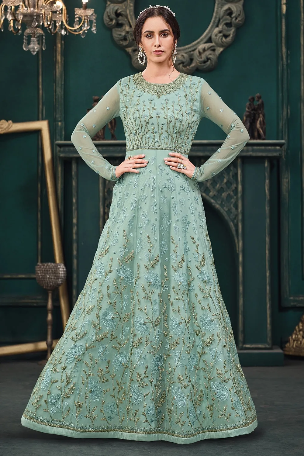 Wedding Party Turquoise Blue Net Designer Anarkali Suit
