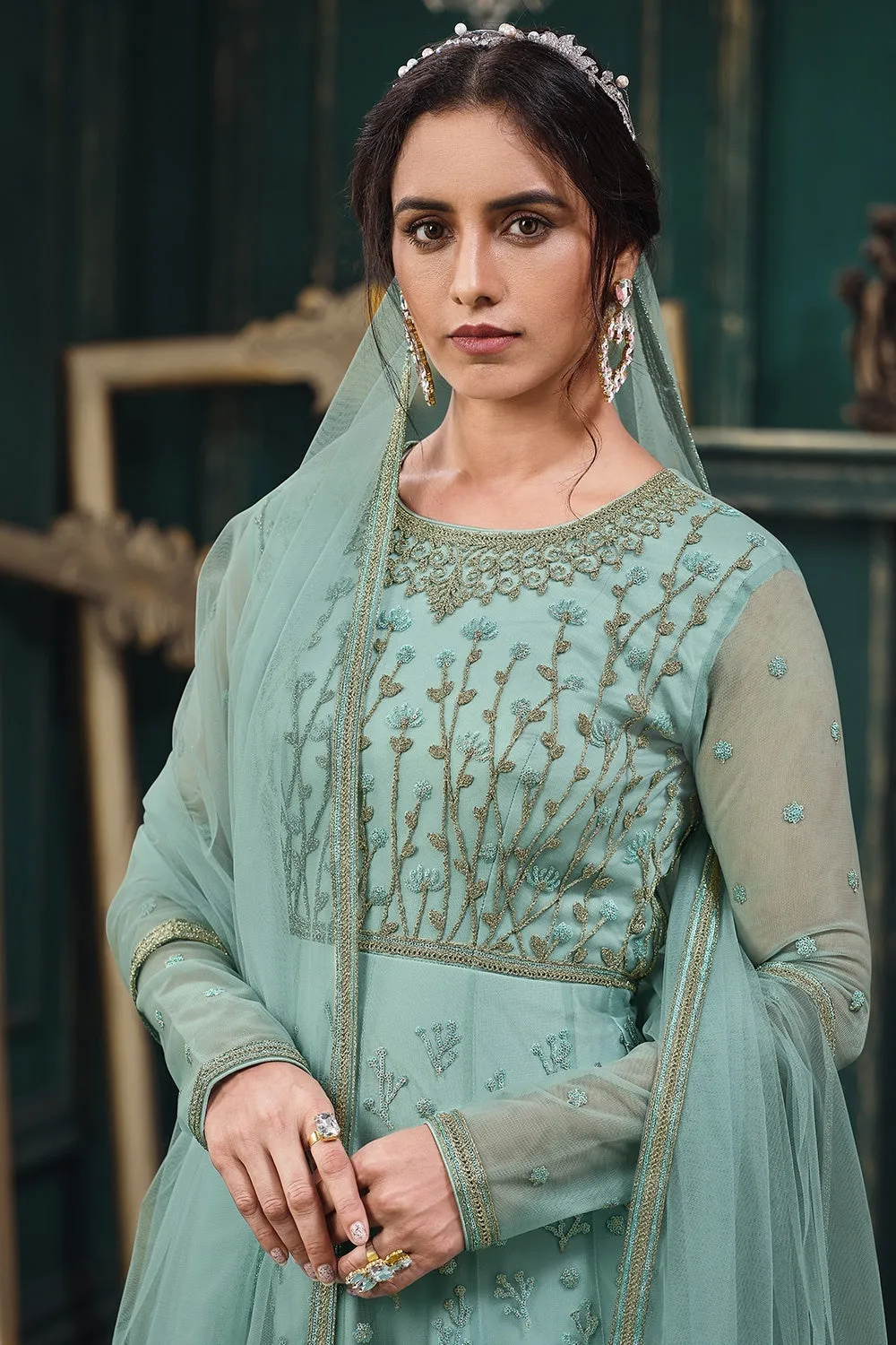 Wedding Party Turquoise Blue Net Designer Anarkali Suit