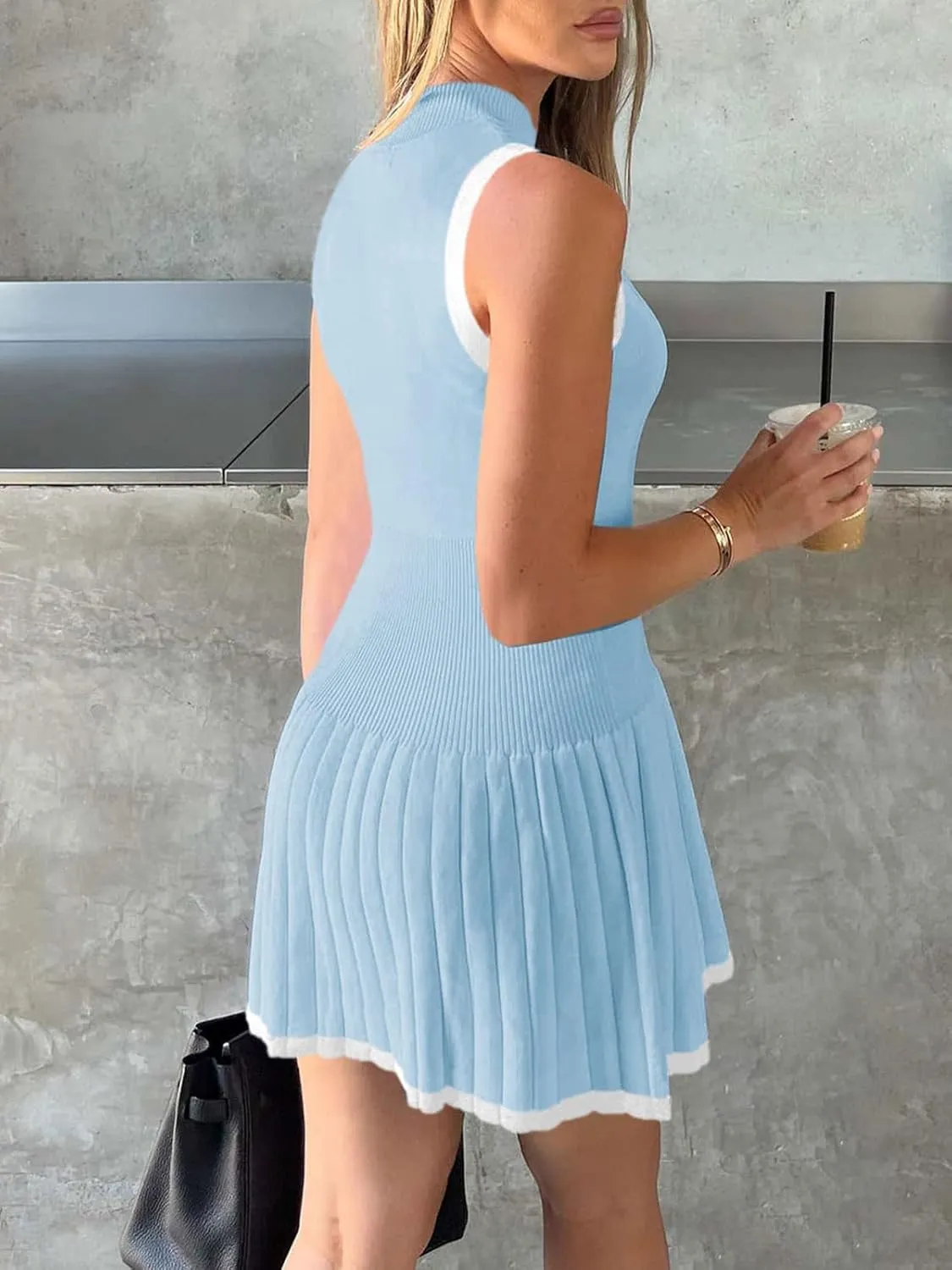 Wenrine Womens Sleeveless Summer Mini Dress Mock Neck Ribbed Knit Ruffle Pleated Casual Tank Dress