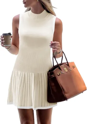 Wenrine Womens Sleeveless Summer Mini Dress Mock Neck Ribbed Knit Ruffle Pleated Casual Tank Dress