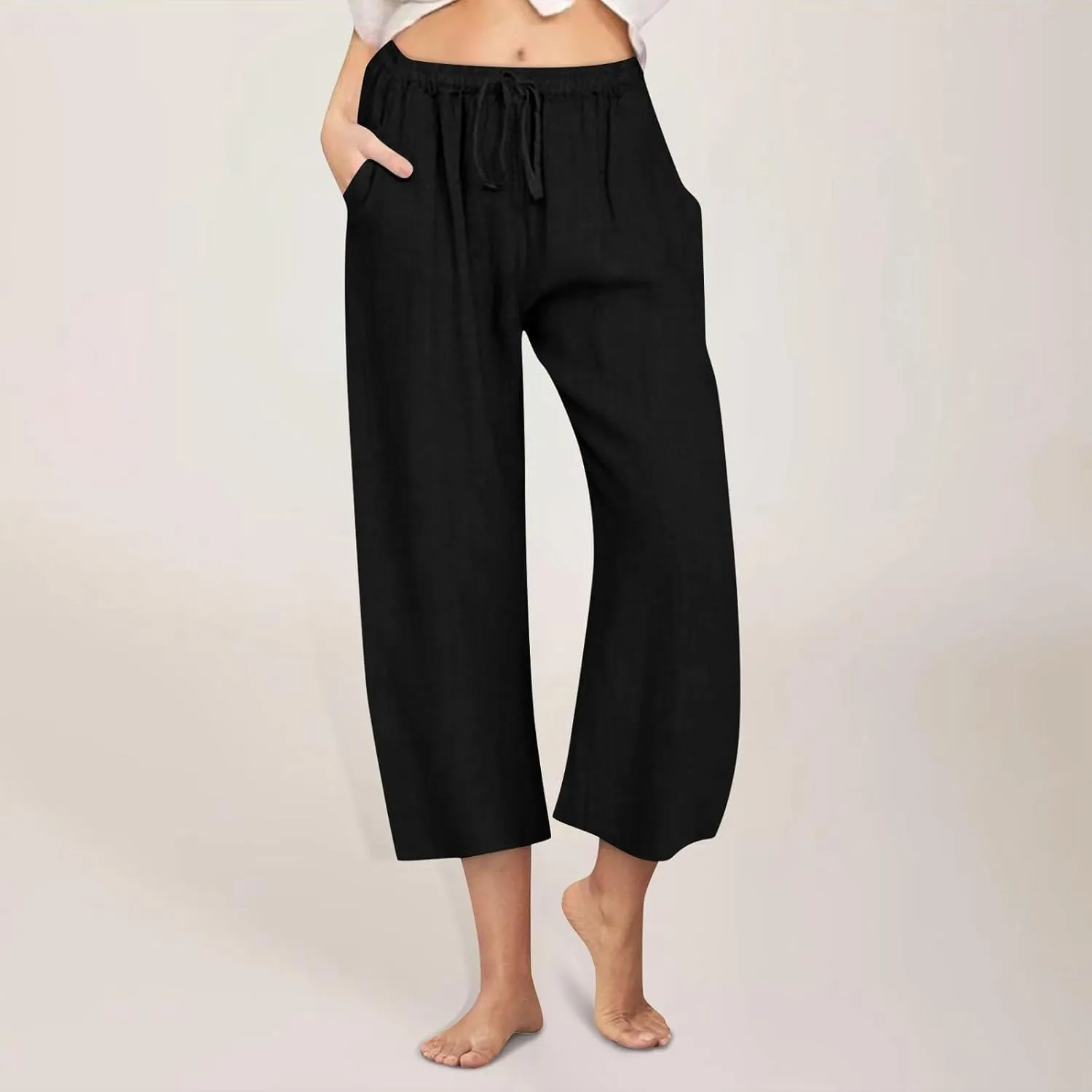 Wide Leg Capris for Women Summer Casual Palazzo Pants Drawstring Elastic Waist Baggy Lightweight Beach Capri Trousers