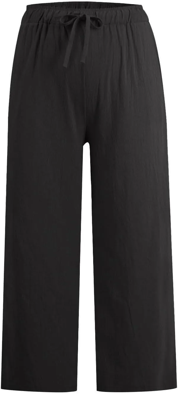 Wide Leg Capris for Women Summer Casual Palazzo Pants Drawstring Elastic Waist Baggy Lightweight Beach Capri Trousers