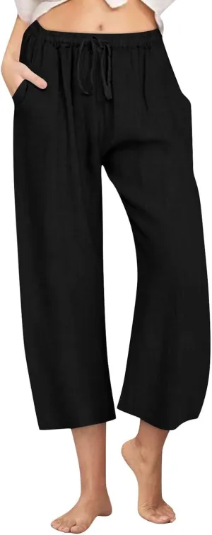Wide Leg Capris for Women Summer Casual Palazzo Pants Drawstring Elastic Waist Baggy Lightweight Beach Capri Trousers