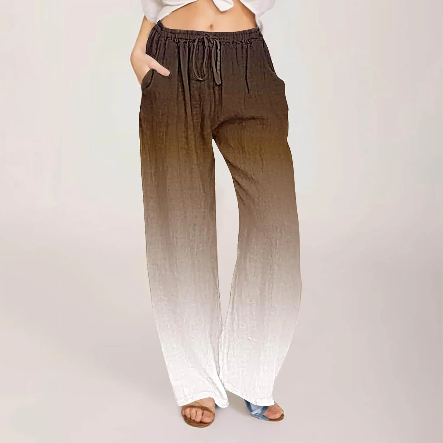 Wide Leg Linen Pants for Women Drawstringg Elastic Waist Gradient Palazzo Pants with Pockets Summer Casual Trousers