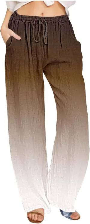 Wide Leg Linen Pants for Women Drawstringg Elastic Waist Gradient Palazzo Pants with Pockets Summer Casual Trousers