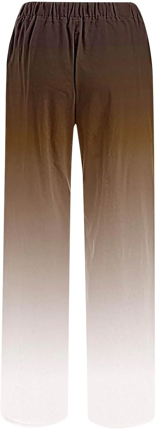 Wide Leg Linen Pants for Women Drawstringg Elastic Waist Gradient Palazzo Pants with Pockets Summer Casual Trousers