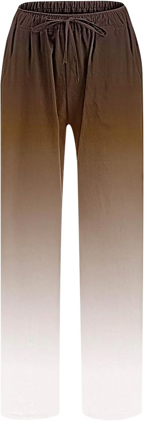Wide Leg Linen Pants for Women Drawstringg Elastic Waist Gradient Palazzo Pants with Pockets Summer Casual Trousers