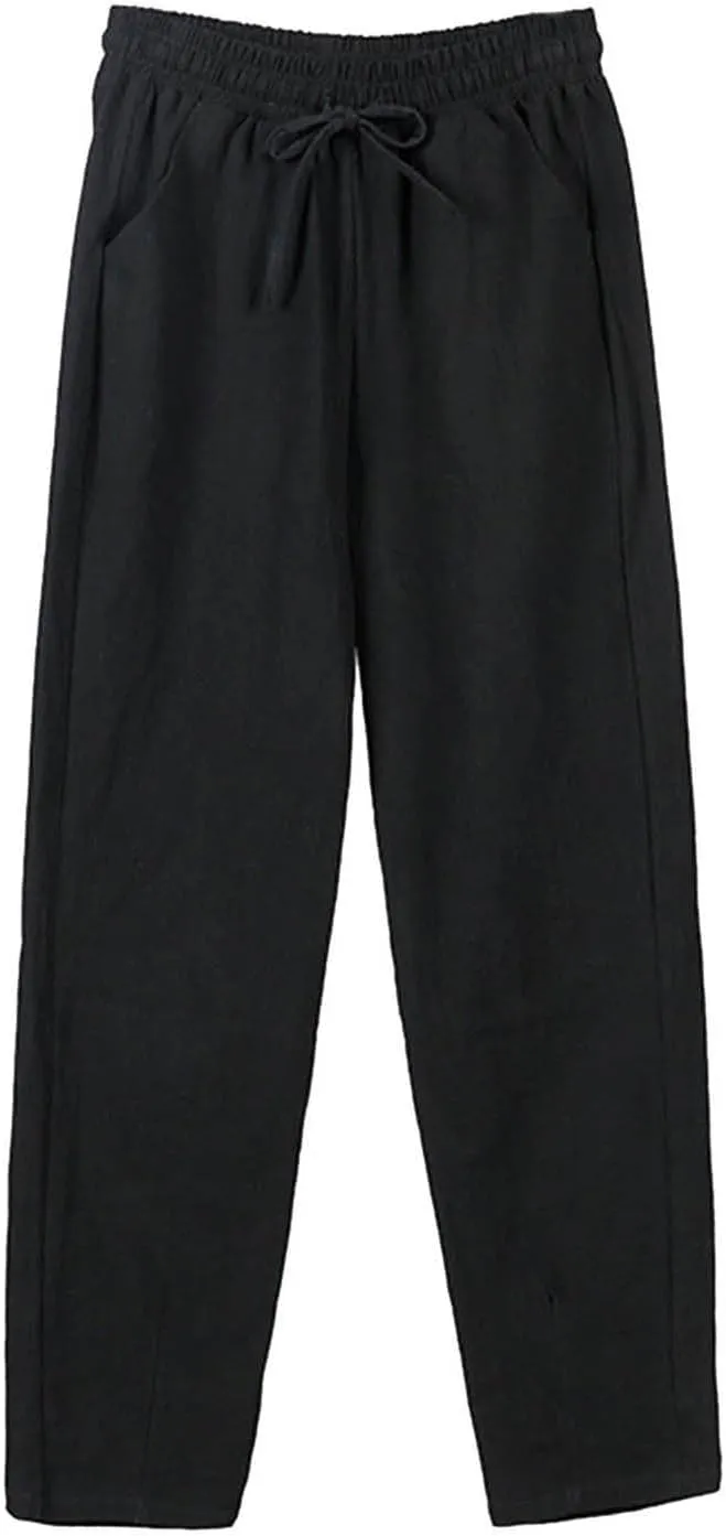 Wide Leg Pants for Women Summer Casual Drawstring Elastic Waist Cropped Pants Cotton Linen Trousers with Pockets