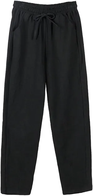 Wide Leg Pants for Women Summer Casual Drawstring Elastic Waist Cropped Pants Cotton Linen Trousers with Pockets