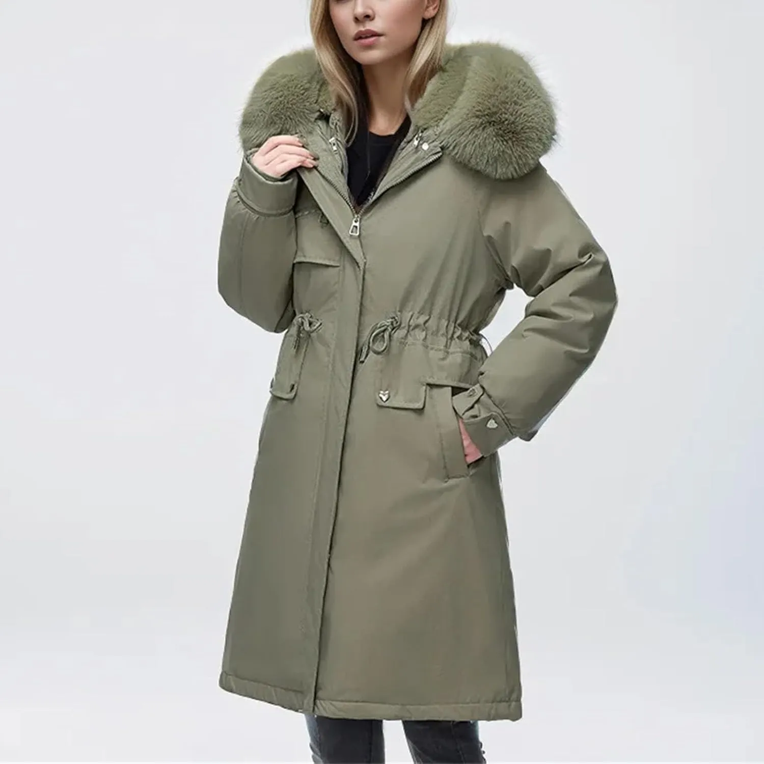 Winter Women Parka Clothes Loose Long Coat Wool Liner Hooded Down Cotton Jacket Collar Thick Warm Snow Wear Padded