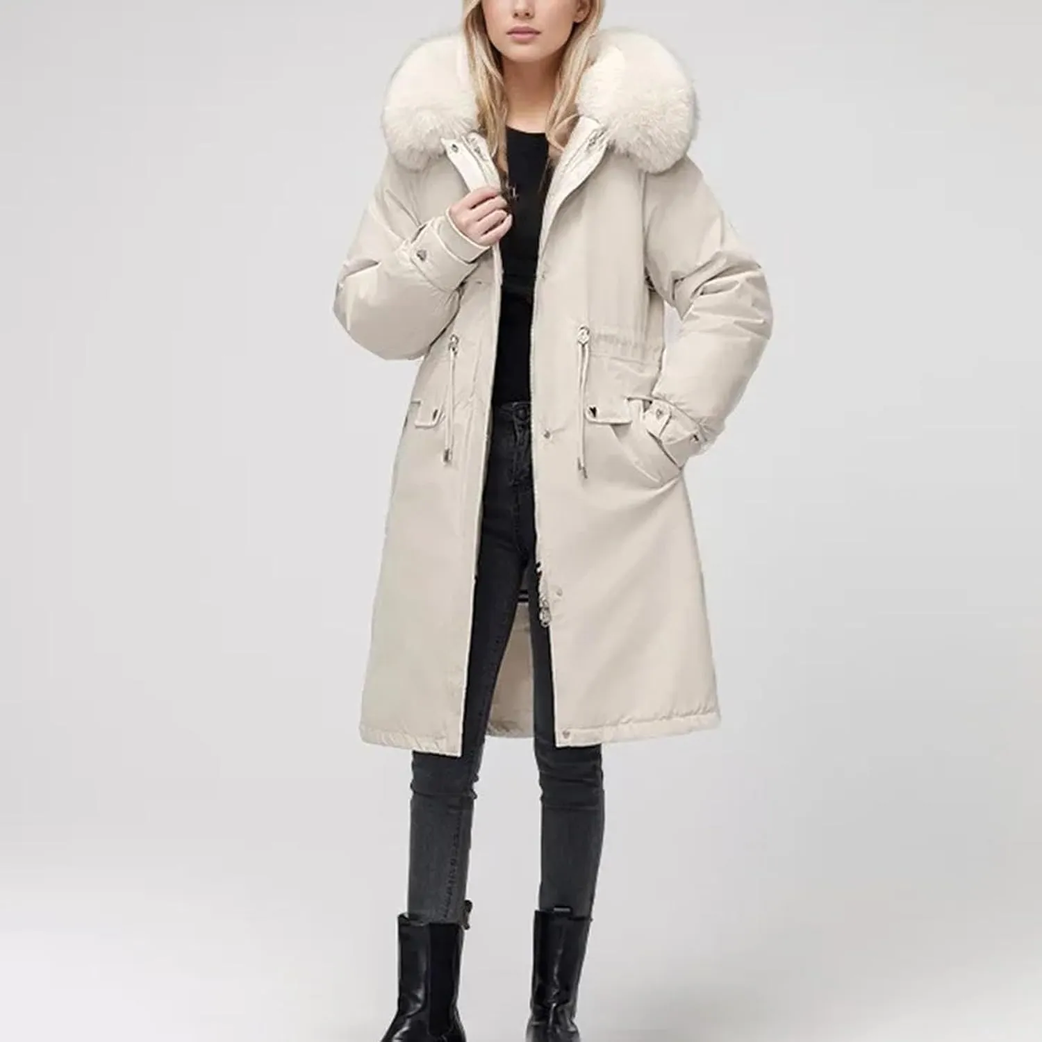 Winter Women Parka Clothes Loose Long Coat Wool Liner Hooded Down Cotton Jacket Collar Thick Warm Snow Wear Padded