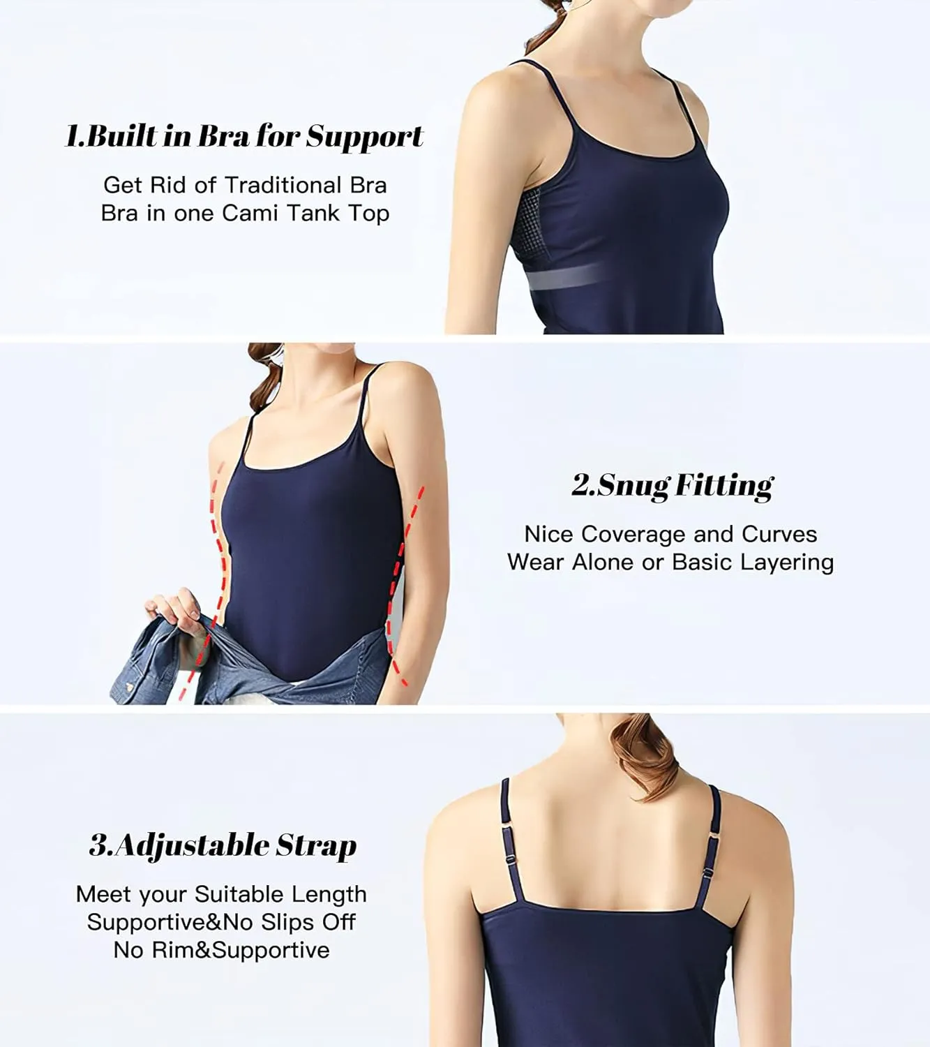 Women Camisole with Built-in Bra Cup Strap Supportive Padded Tank Top Layering Cami Undershirt for Yoga