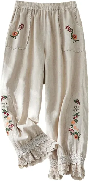 Women Casual Pants Elastic Waist Floral Embroidery Lace Patchwork Ankle Length Trousers
