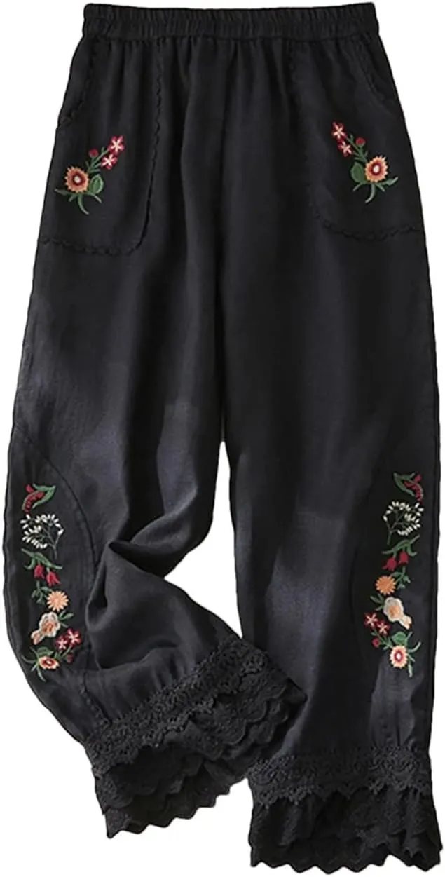 Women Casual Pants Elastic Waist Floral Embroidery Lace Patchwork Ankle Length Trousers