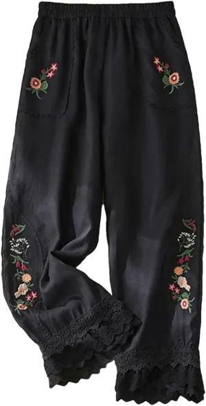 Women Casual Pants Elastic Waist Floral Embroidery Lace Patchwork Ankle Length Trousers