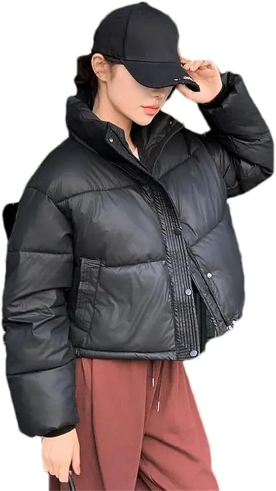 Women Clothes Cropped Jackets Parkas Warm Stand Coat Zipper Puffer Jacket Fashion Cotton-Padded