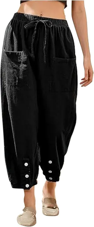 Women Cotton Linen Summer Letter Patched Palazzo Lounge Pants Elastic Waist Straight Loose Fit Palazzo Lounge