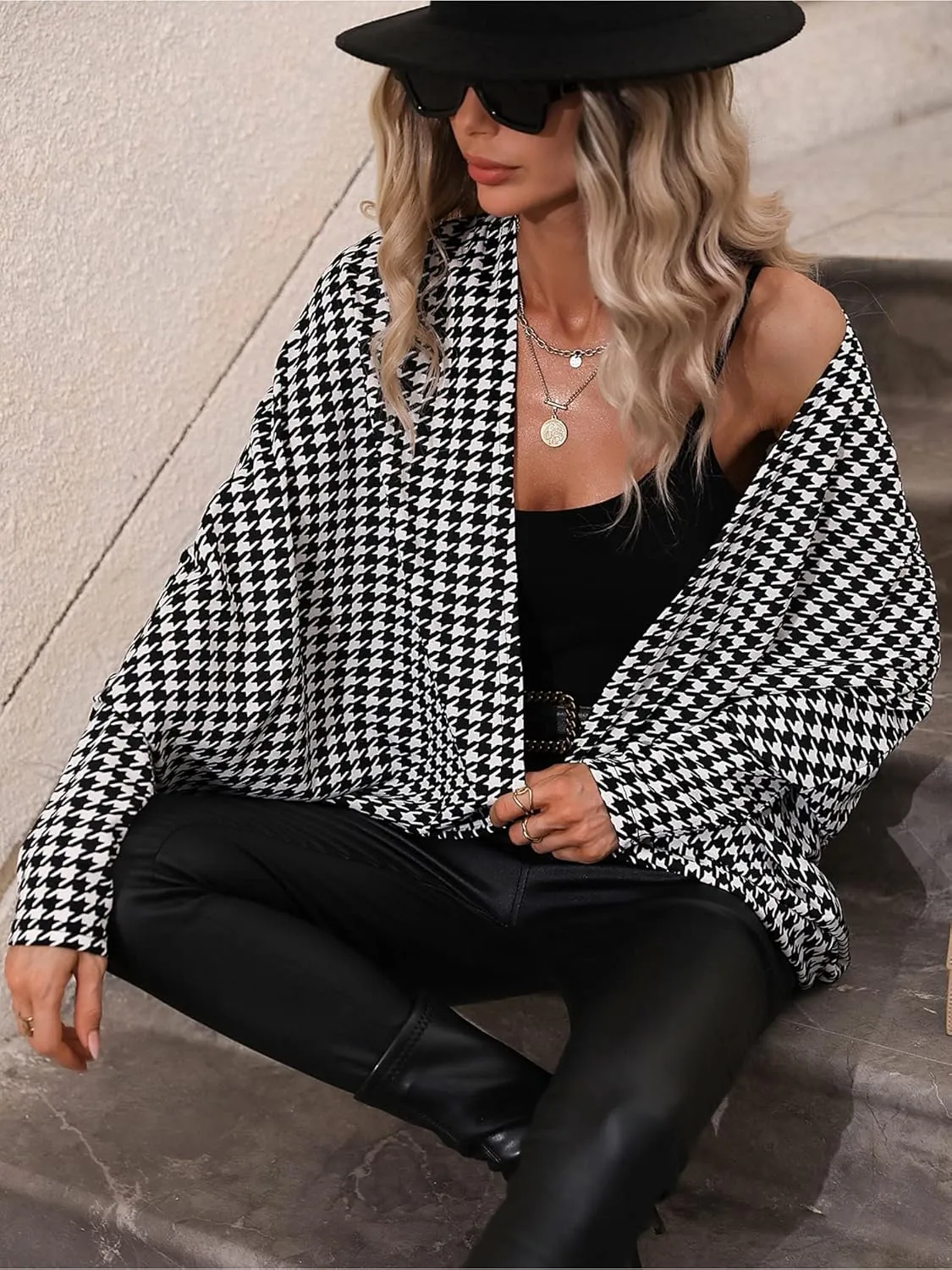 Women Houndstooth Blazer Jackets Batwing Long Sleeve Open Front Asymmetrical Cardigan Coat