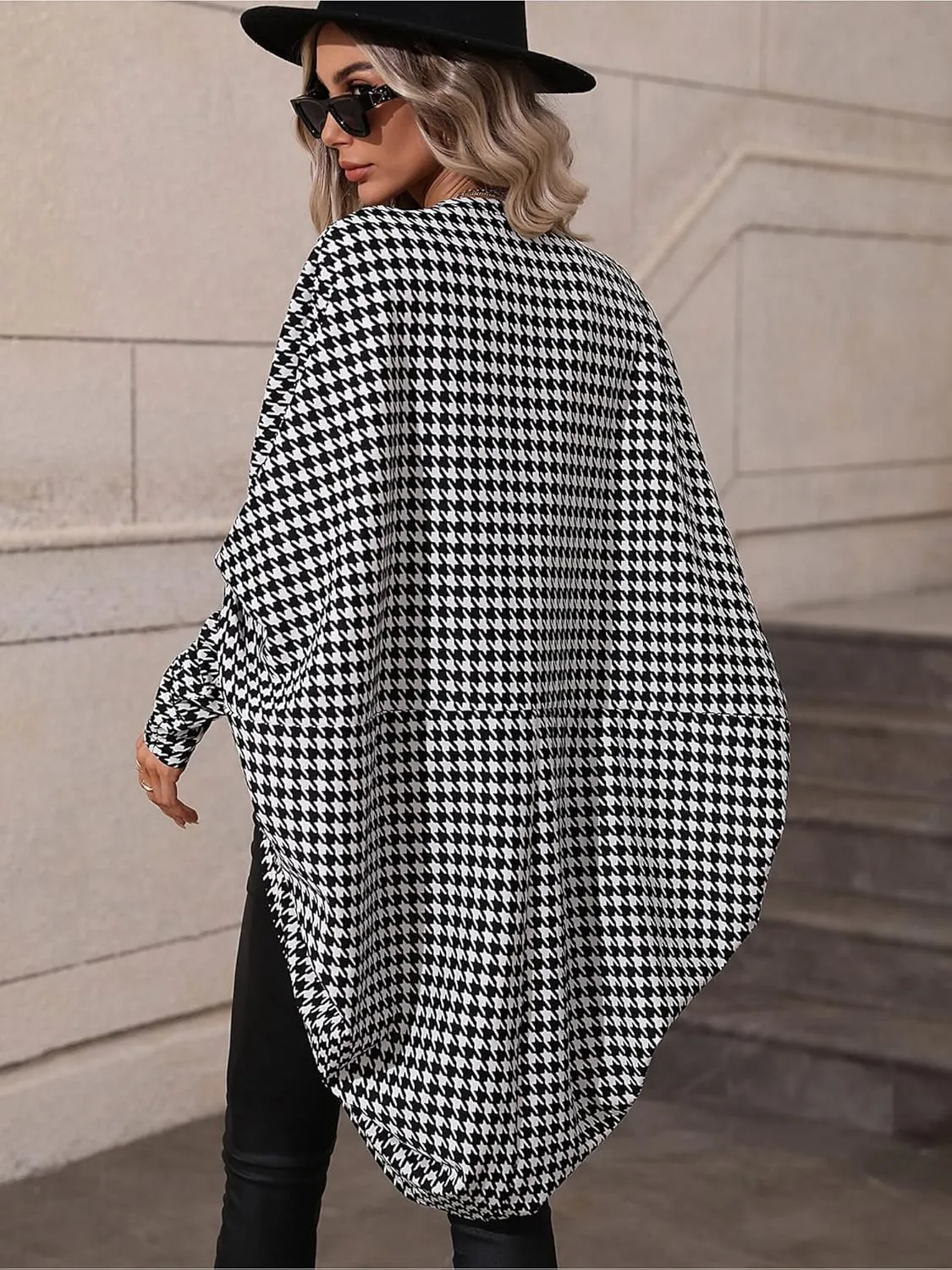 Women Houndstooth Blazer Jackets Batwing Long Sleeve Open Front Asymmetrical Cardigan Coat