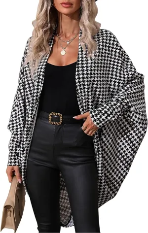 Women Houndstooth Blazer Jackets Batwing Long Sleeve Open Front Asymmetrical Cardigan Coat