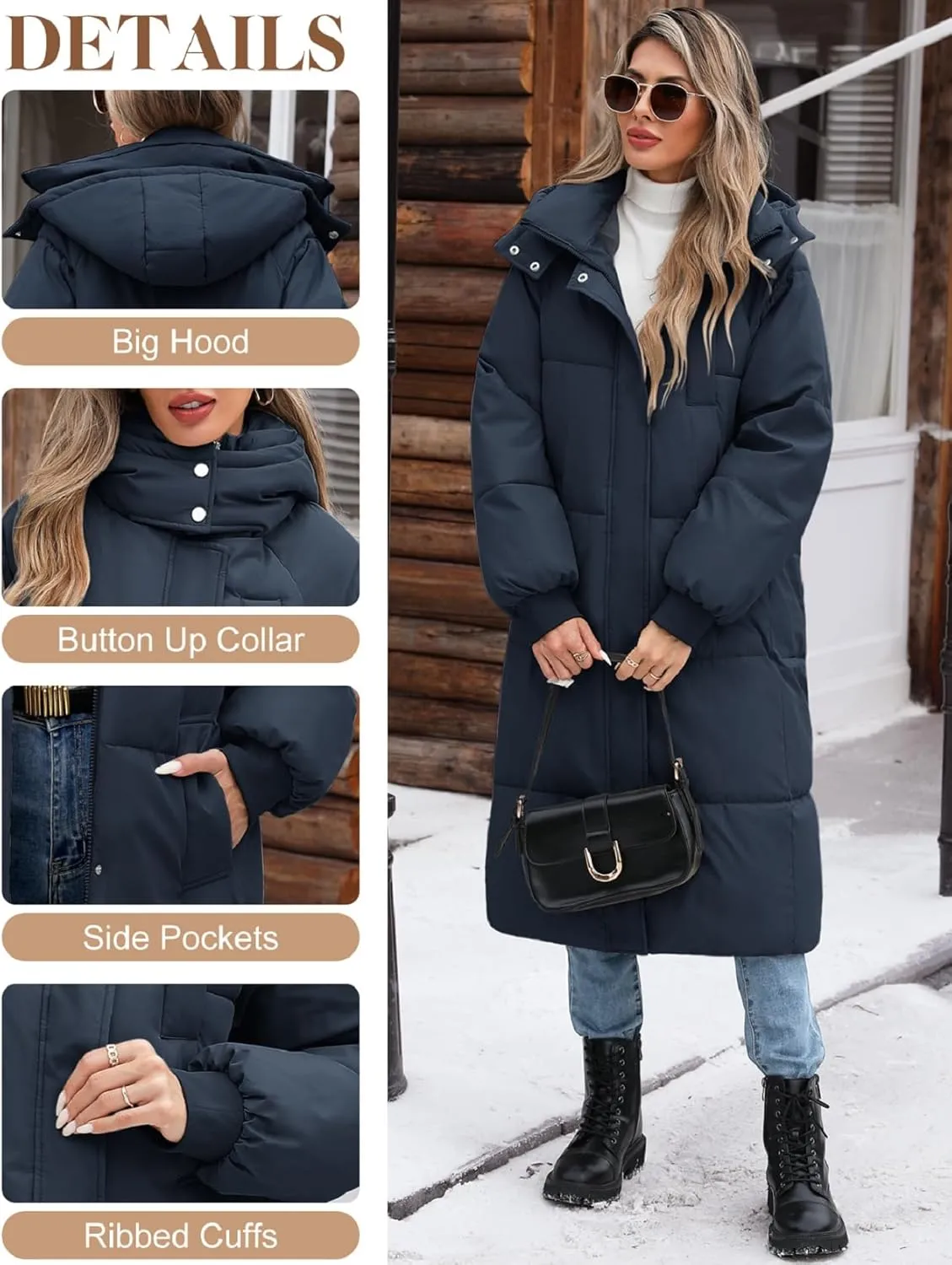 Women Long Puffer Coat Winter Warm Hooded Jacket Long Sleeve Parka Full Length Down Coats With Zip