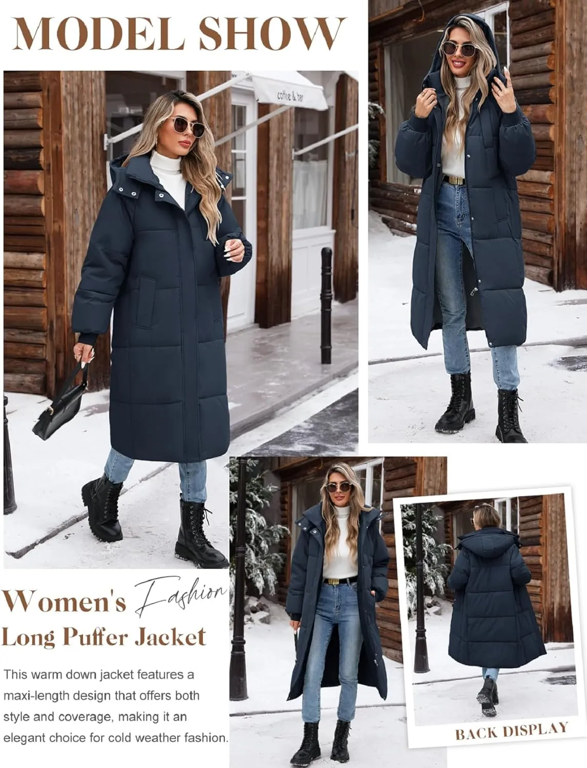 Women Long Puffer Coat Winter Warm Hooded Jacket Long Sleeve Parka Full Length Down Coats With Zip