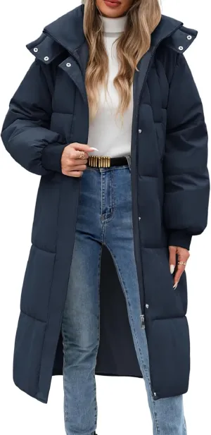 Women Long Puffer Coat Winter Warm Hooded Jacket Long Sleeve Parka Full Length Down Coats With Zip