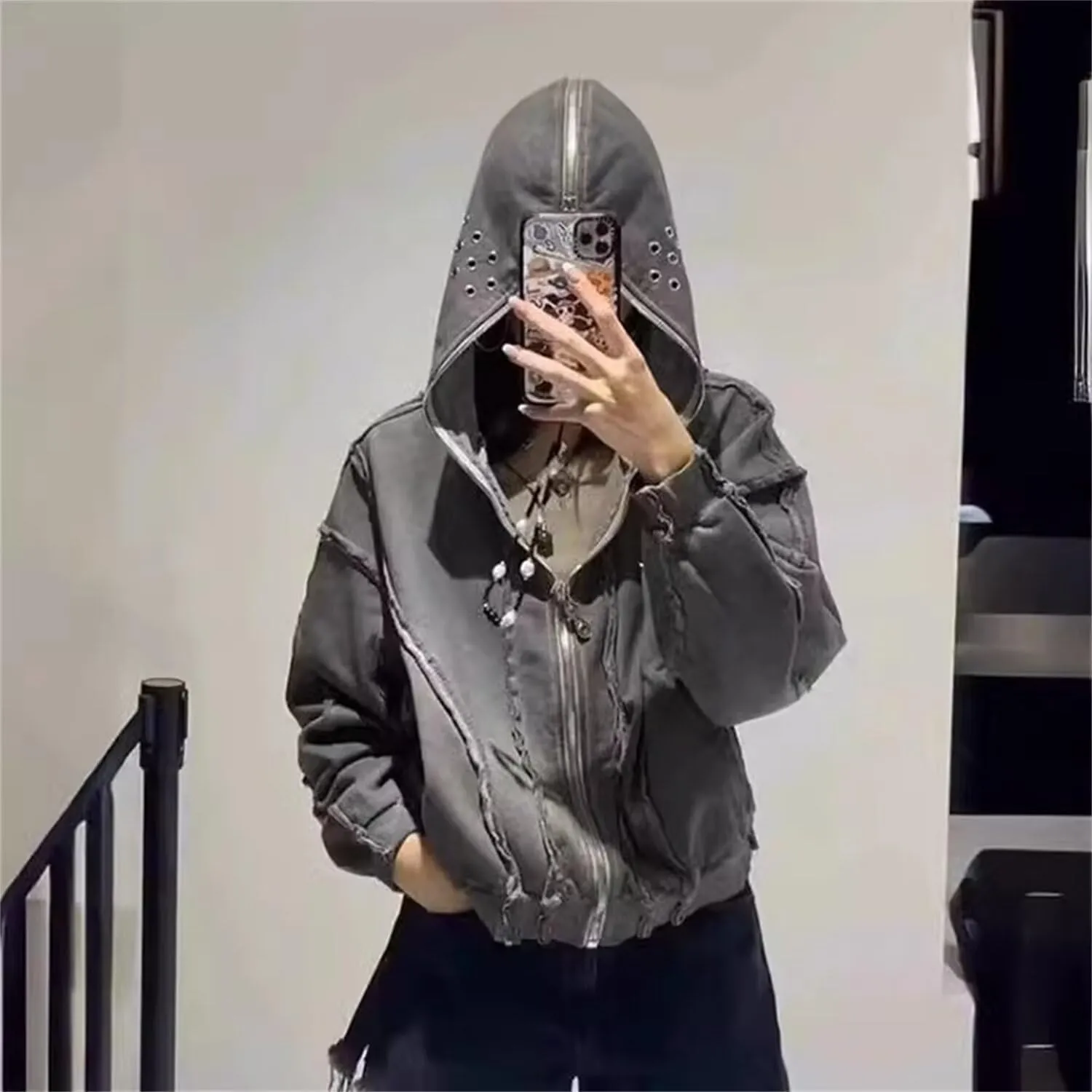 Women Men Retro Vintage Casual Hoodies Y2K Full Zip Up Punk Gothic Jacket Coat Harajuku Loose Oversized Streetwear