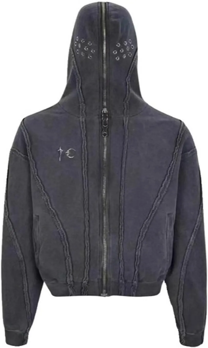 Women Men Retro Vintage Casual Hoodies Y2K Full Zip Up Punk Gothic Jacket Coat Harajuku Loose Oversized Streetwear