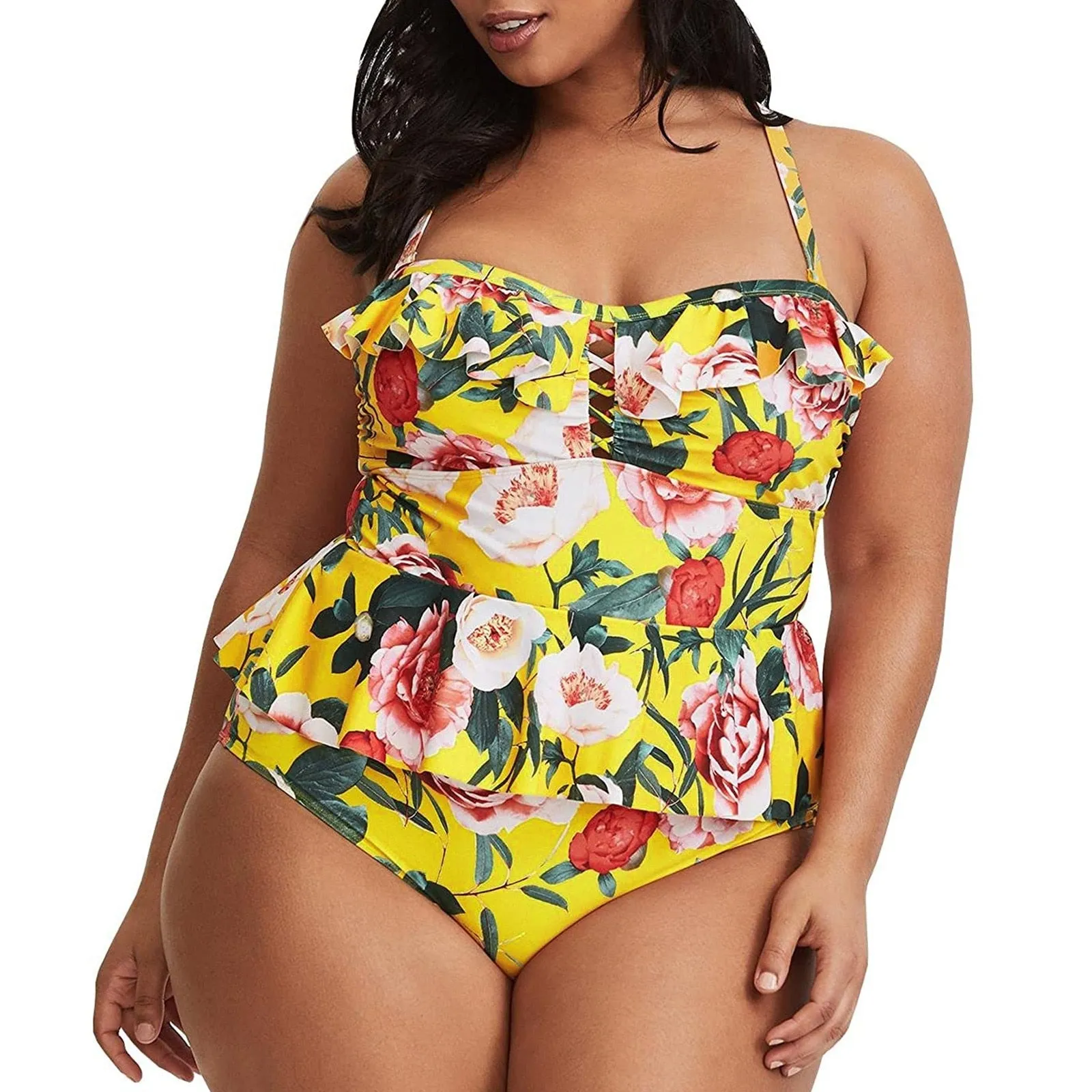 Women Plus Size Floral Print Strappy Back Tankini Two Piece Swimsuits