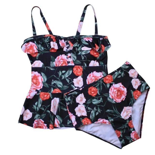 Women Plus Size Floral Print Strappy Back Tankini Two Piece Swimsuits