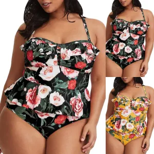Women Plus Size Floral Print Strappy Back Tankini Two Piece Swimsuits
