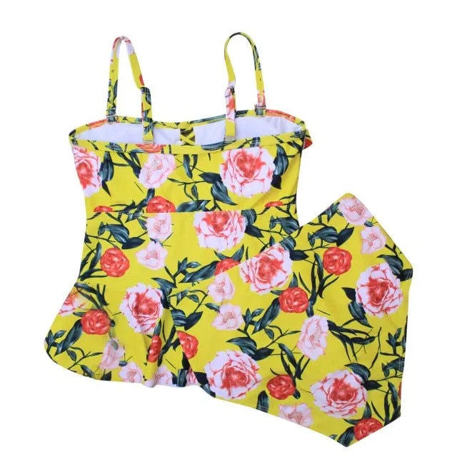Women Plus Size Floral Print Strappy Back Tankini Two Piece Swimsuits