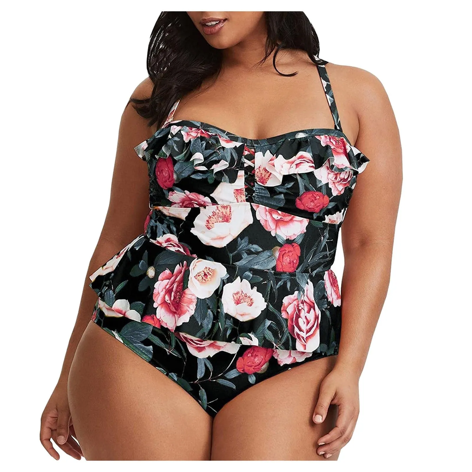 Women Plus Size Floral Print Strappy Back Tankini Two Piece Swimsuits