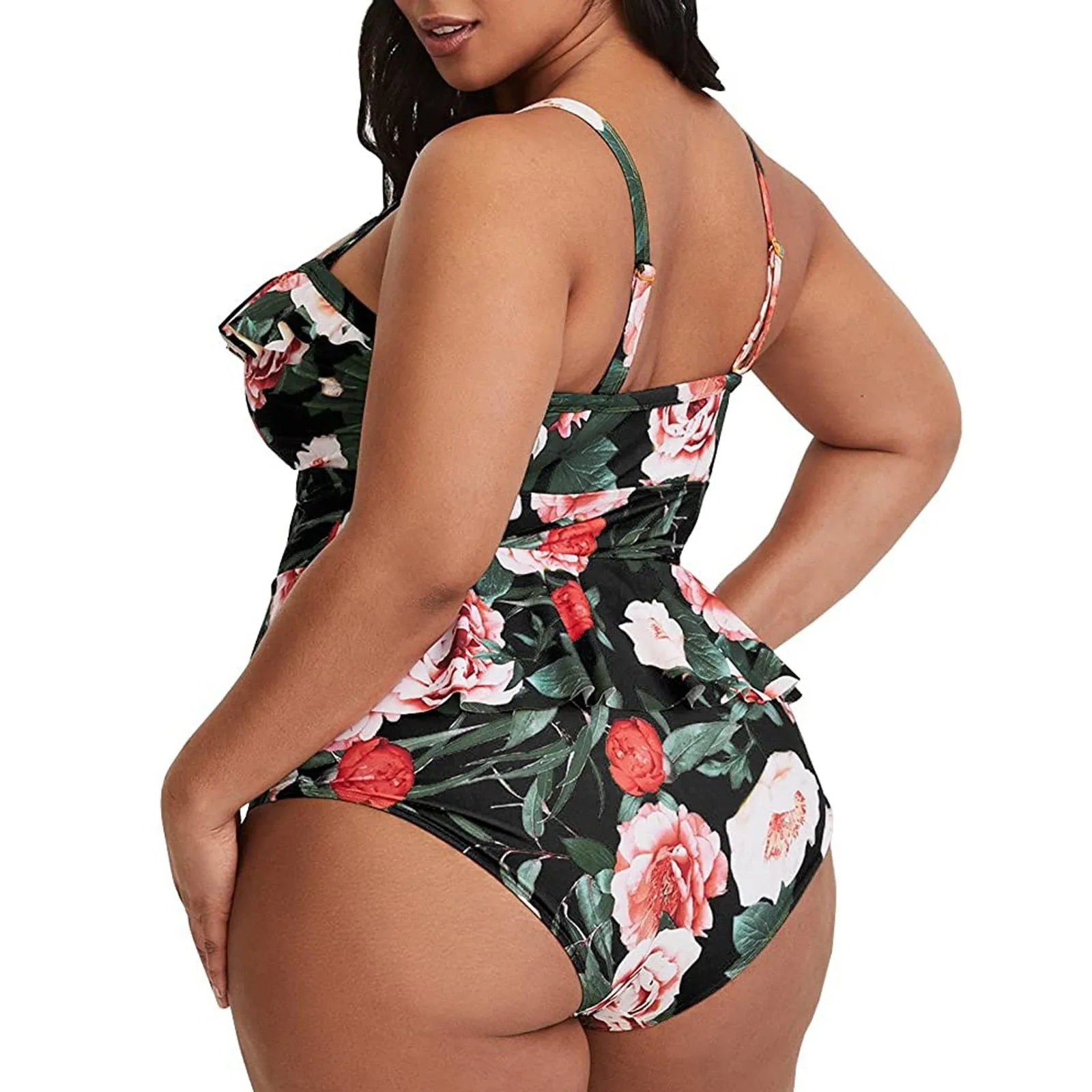 Women Plus Size Floral Print Strappy Back Tankini Two Piece Swimsuits