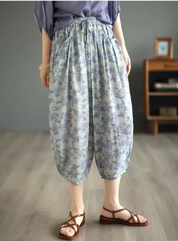 Women Ramie Baggy Linen Wide Leg Vintage Print Thin Trousers Harlan Pants Elastic Waist Harem Pants with Pocket