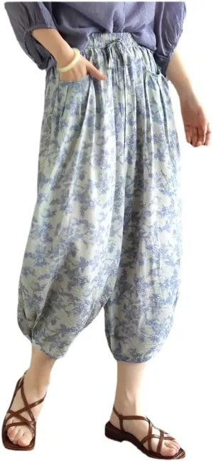Women Ramie Baggy Linen Wide Leg Vintage Print Thin Trousers Harlan Pants Elastic Waist Harem Pants with Pocket