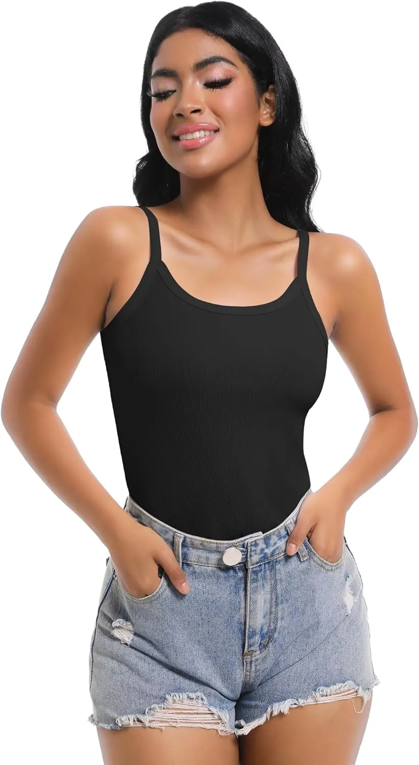 Women Scoop Neck Spaghetti Strap Ribbed Tank Tops Slim Fitted Shirts Basic Sleeveless Layering Camisole