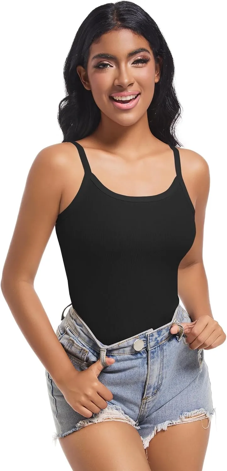 Women Scoop Neck Spaghetti Strap Ribbed Tank Tops Slim Fitted Shirts Basic Sleeveless Layering Camisole