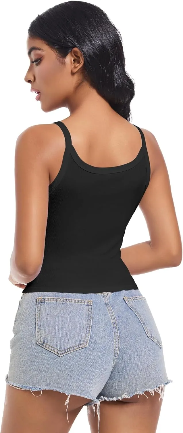Women Scoop Neck Spaghetti Strap Ribbed Tank Tops Slim Fitted Shirts Basic Sleeveless Layering Camisole