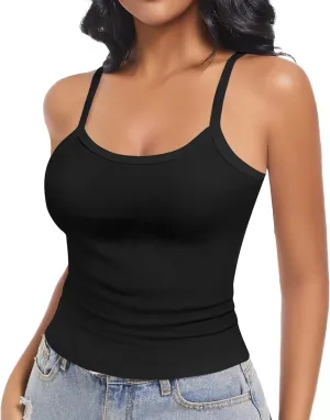 Women Scoop Neck Spaghetti Strap Ribbed Tank Tops Slim Fitted Shirts Basic Sleeveless Layering Camisole