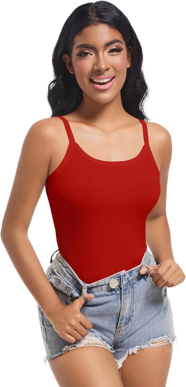 Women Scoop Neck Spaghetti Strap Ribbed Tank Tops Slim Fitted Shirts Basic Sleeveless Layering Camisole