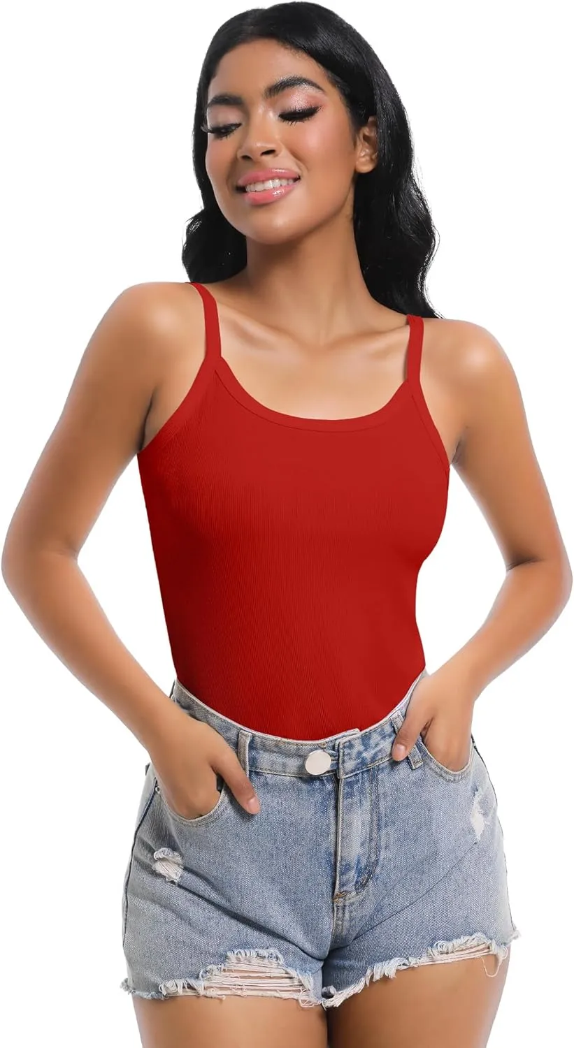 Women Scoop Neck Spaghetti Strap Ribbed Tank Tops Slim Fitted Shirts Basic Sleeveless Layering Camisole
