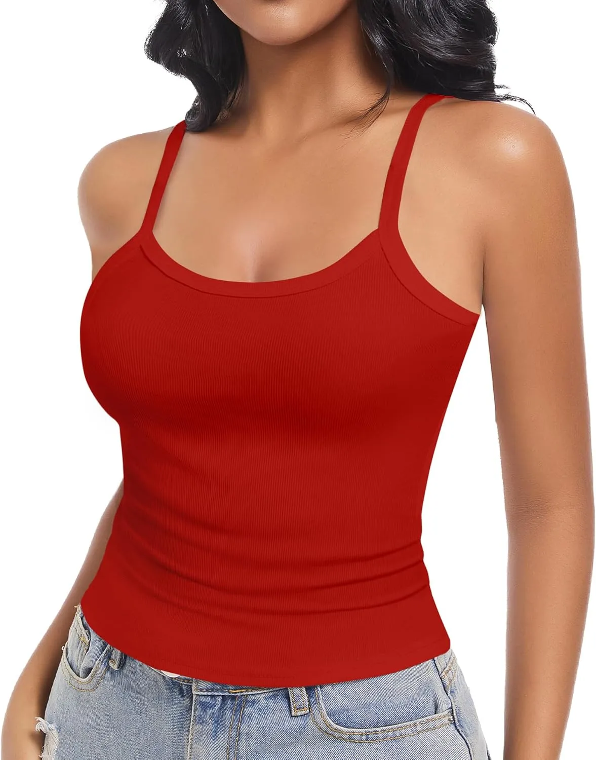 Women Scoop Neck Spaghetti Strap Ribbed Tank Tops Slim Fitted Shirts Basic Sleeveless Layering Camisole